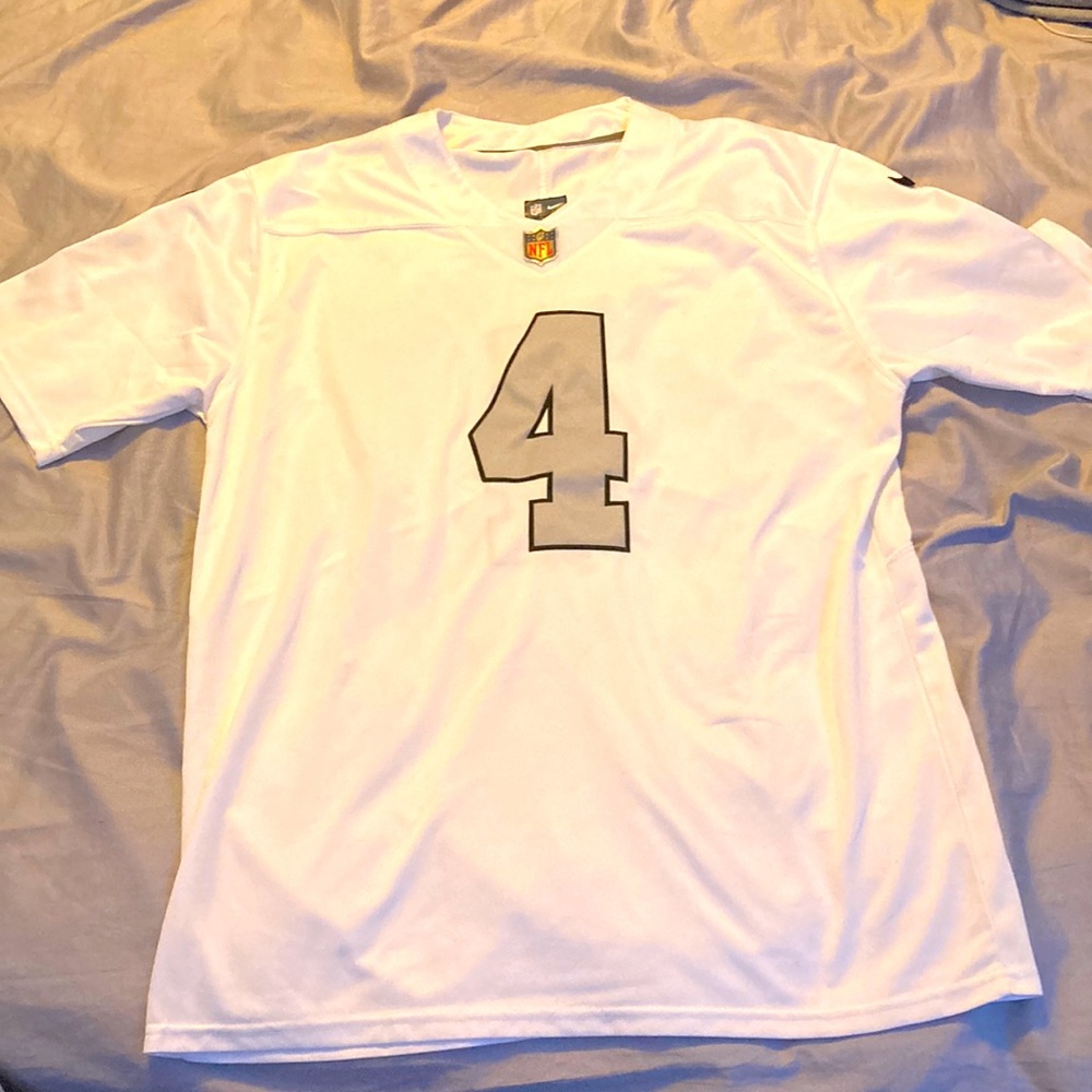 A medium white Derek Carr Jersey never before worn.